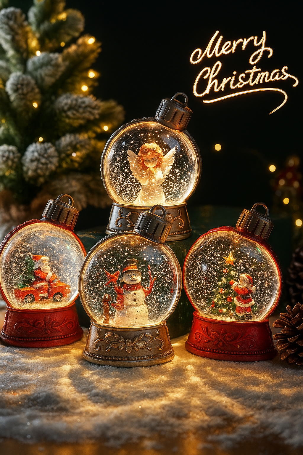 Christmas Decor Combo Set – Santa Round Rug & Festive Snow Globe Lamps | Cozy Holiday Home Decoration