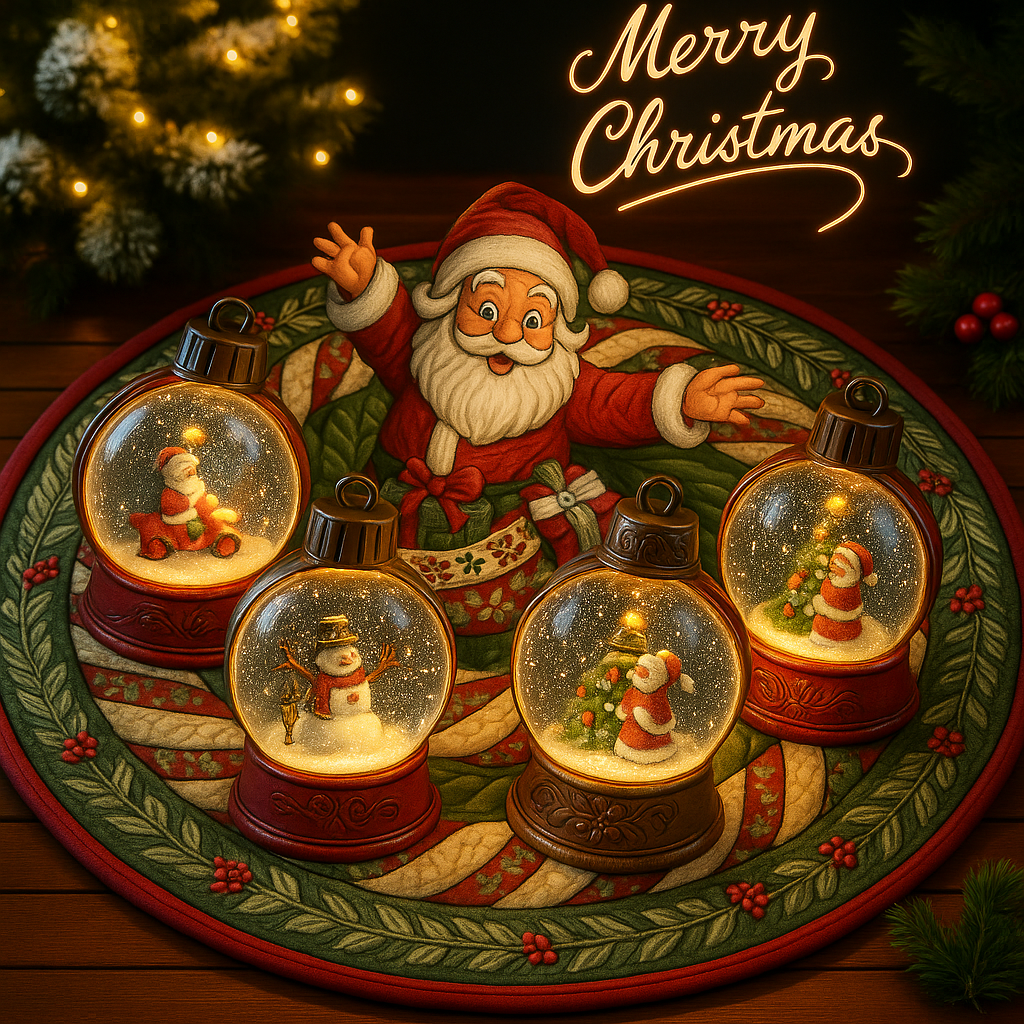 Christmas Decor Combo Set – Santa Round Rug & Festive Snow Globe Lamps | Cozy Holiday Home Decoration